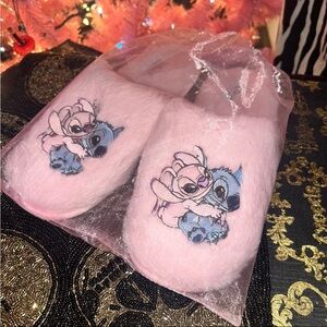 Disney Stitch . Stitch & Angel pink fuzzy womens large slippers fits 9/10